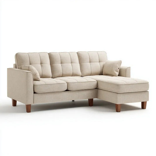 Beżowa sofa narożna z szezlongiem z poliestru, prawostronna, 225 x 150 x 88 cm