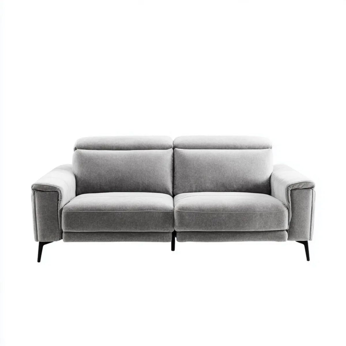 Szara dwuosobowa sofa z tapicerką poliestrową i czarnymi metalowymi nogami, 160 × 90 × 90 cm